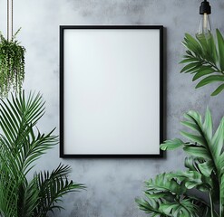 Poster - Blank Frame Mockup on Concrete Wall with Tropical Plants for Art Display and Interior Design Presentation : Generative AI
