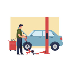 Poster - Mechanic repairing vehicle with tools in flat vector art style