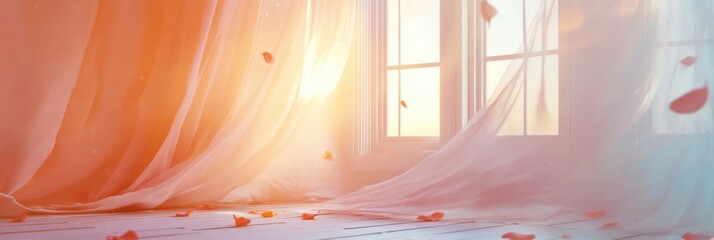 Leinwandbilder - Delicate curtains dance in a sunny pastel morning through an open window, creating a serene and inviting atmosphere