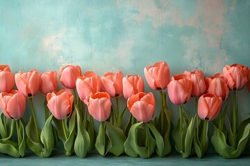 Aufkleber - Pastel Pink Tulips on Turquoise Background Elegant Spring Flowers Floral Still Life Photography for Decoration : Generative AI