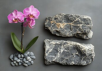 Fototapete - Elegant Pink Orchid Blooms with Rocks and Smooth Pebbles on a Gray Background : Generative AI