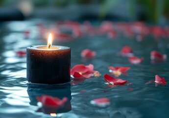 Poster - Relaxing Spa Scene Black Candle with Flame Surrounded by Floating Red Rose Petals : Generative AI
