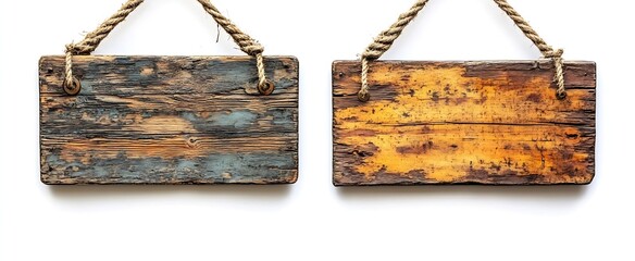 Poster - Rustic Wooden Signs Hanging with Ropes on White Background for Business or Home Decor Mockups : Generative AI