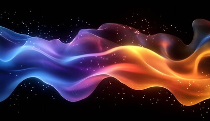 Poster - Dynamic waves of light and color interact beautifully in this captivating abstract digital artwork set against a black canvas : Generative AI