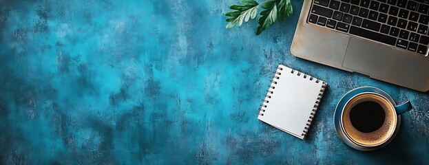 Aufkleber - Workspace Flat Lay Laptop Notebook Coffee Cup on Textured Blue Background for Creative Productivity and Design : Generative AI