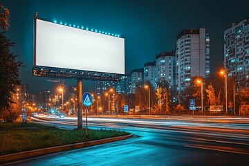 Poster - Night City Billboard on Highway with Traffic Lights Blank Advertising Space in Urban Landscape : Generative AI