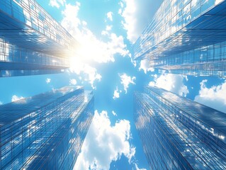 Poster - Skyscrapers View From Below with Blue Sky and Clouds Modern Glass Buildings Reaching for the Heavens : Generative AI