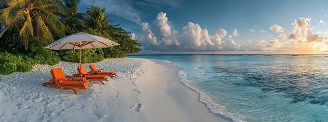 Aufkleber - Tropical Beach Paradise with Turquoise Water and Lounge Chairs Luxury Vacation and Summer Getaway : Generative AI