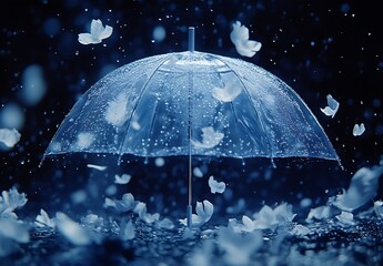 Fototapete - Elegant transparent umbrella surrounded by flower petals creating a serene rainy atmosphere : Generative AI
