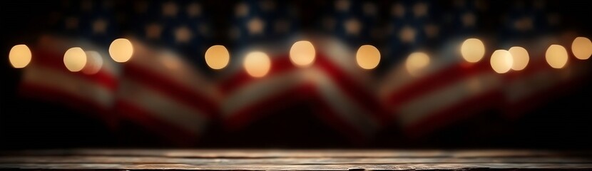 Poster - Patriotic American Flags with Bokeh Lights on Rustic Wooden Table Perfect for 4th of July and Memorial Day Celebrations : Generative AI