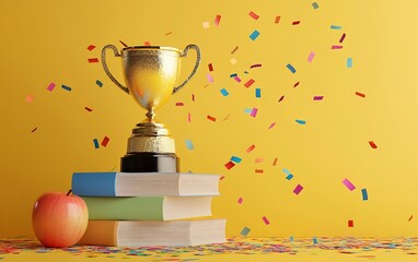 Poster - Golden Trophy on Books with Apple and Confetti Education and Achievement Concept for Awards Ceremony : Generative AI