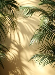Aufkleber - Tropical Palm Leaves and Shadows on Beige Wall Relaxing Summer Vibes Natural Light Play Oasis : Generative AI
