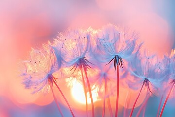 Aufkleber - Dreamy Dandelion Seeds at Sunset with Soft Light Nature Photography for Inspirational and Calming Visuals : Generative AI