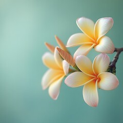 Aufkleber - Beautiful close up of delicate plumeria flowers showcasing yellow and pink hues against a soft background : Generative AI