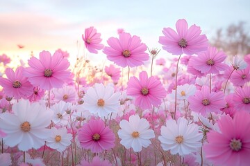 Aufkleber - Dreamy Cosmos Flower Field in Soft Pastel Colors Pink and White Spring Blooms Botanical Beauty Peace Serenity : Generative AI