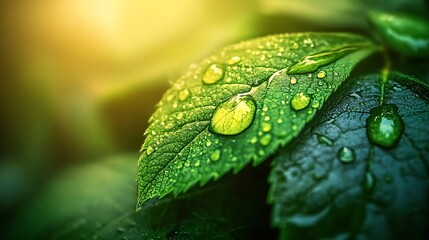 Poster - Macro Shot of Green Leaf with Water Droplets Capturing Nature's Beauty Freshness and Detailed Texture Natural Light and Vibrant Colors : Generative AI