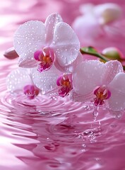 Poster - Captivating Pink Orchid Blooms in Water Drops Macro Photography for Relaxation and Spa Themes Beautiful Backdrop : Generative AI