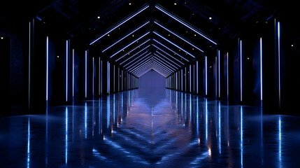 Poster - Futuristic corridor with neon illumination and water reflection effect