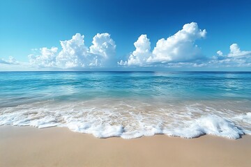 Aufkleber - Scenic Tropical Beach with Turquoise Ocean White Sand and Fluffy Clouds on a Sunny Day Tranquil Seascape : Generative AI