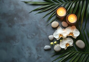 Aufkleber - Tranquil Spa Arrangement Overhead View Candles Orchids and Green Leaves on Slate Background : Generative AI