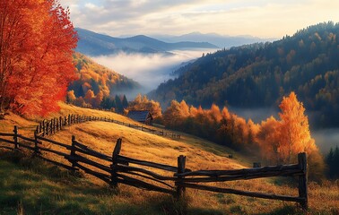 Poster - Gorgeous Autumn Vista Featuring Vibrant Trees Rolling Hills and Enveloping Mist : Generative AI