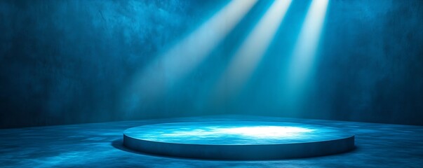 Fototapete - Blue Lit Stage with Spotlight and Cement Wall Abstract Empty Presentation Space Dramatic Lighting Design : Generative AI