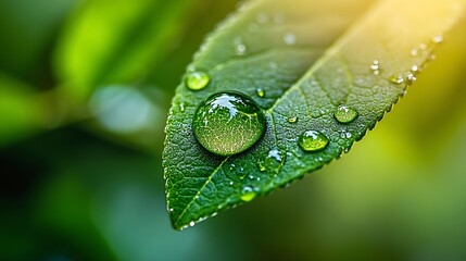 Poster - Close Up of Green Leaf with Water Droplets Sparkling in Sunlight Dew Drops on Leaf Macro Shot : Generative AI