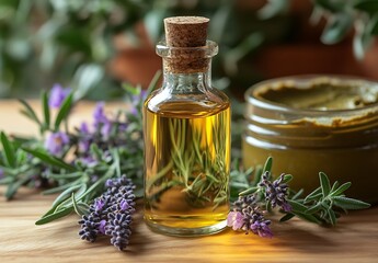 Poster - Luxurious lavender oil with organic herbs on a wooden surface for natural wellness : Generative AI