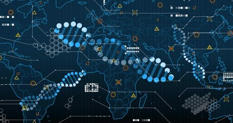 Poster - animation of dna strands and data symbols overlaying map, showing global research