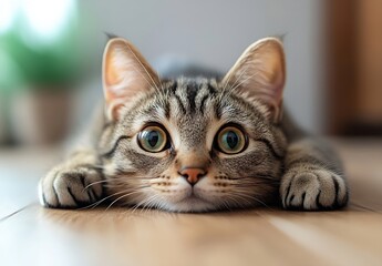 Poster - Cute Tabby Cat Lying Down Close Up Portrait Green Eyes Focused Relaxed Domestic Animal Adorable Feline Friend on Wooden Floor : Generative AI