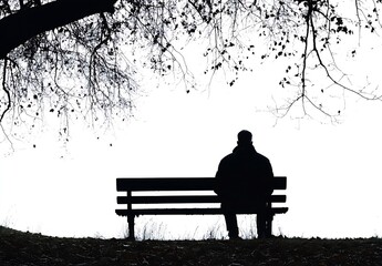 Poster - Contemplative man sitting on bench in silhouette under a tree captured in monochrome tones : Generative AI