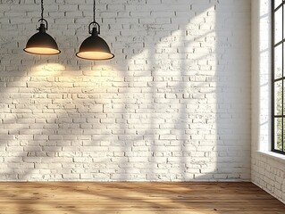 Poster - Modern Loft Interior with White Brick Wall Wooden Floor and Industrial Pendant Lights Design Inspiration Home Decor Empty Room : Generative AI