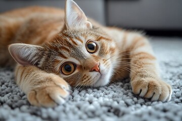 Poster - Adorable Ginger Tabby Kitten Relaxing on Soft Gray Carpet at Home Pet Portrait Close Up : Generative AI