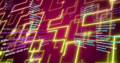 Poster - programming code overlay on red background with neon yellow geometric patterns