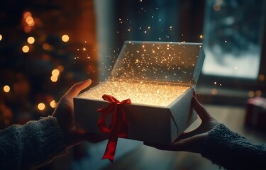 Aufkleber - Magical Gift Box Emitting Golden Light and Sparkles Holiday Celebration and Wonder Festive Theme Illustration : Generative AI