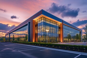 Poster - Modern Office Building at Sunset Glass Facade Reflecting Sky with Parking Lot and Greenery for Corporate Design : Generative AI