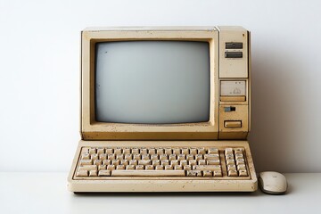 Aufkleber - Vintage Computer Setup with Monitor Keyboard and Mouse Retro Technology Office Equipment Antique Device on White : Generative AI