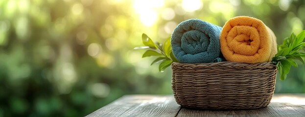 Poster - Spa Day Serenity Rolled Towels in Wicker Basket with Bokeh Background for Wellness and Relaxation Clean Cotton Tranquil Scene : Generative AI
