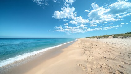Aufkleber - Serene Beach Scene with Blue Sky Ocean Waves and Sandy Shore Coastal Landscape Photography for Travel and Nature : Generative AI