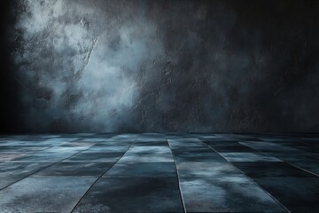 Aufkleber - Dramatic Dark Room Interior with Textured Walls and Tiled Floor Moody Ambiance and Atmospheric Lighting for Product Display : Generative AI