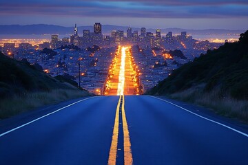 Aufkleber - San Francisco Cityscape at Night from Twin Peaks with Road Lights and Downtown Skyline Scenery : Generative AI