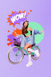 © deagreez - Trend image vertical art photo collage of happy hipster girl stand vintage bicycle travel flower basket bloom spring summer season