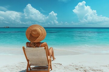 Poster - Woman Relaxing on Tropical Beach in Straw Hat Turquoise Sea and White Sand Summer Vacation Destination : Generative AI