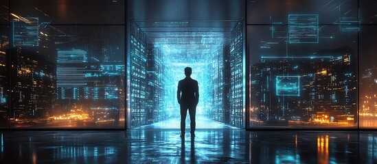 Fototapete - Futuristic Data Center Silhouette of a Man Standing Before a Holographic Cityscape with Binary Code and High Tech Networks : Generative AI