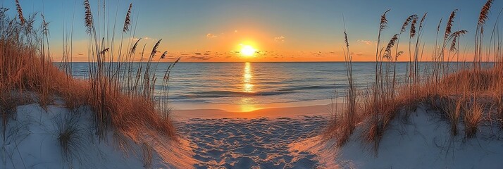 Poster - Serene Beach Sunset Panorama with Golden Light and Coastal Grass in Siesta Key Florida Perfect Summer Getaway Scene : Generative AI