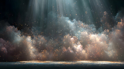 Poster - Radiant light beams with ethereal clouds and shimmering sparkles background
