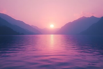 Aufkleber - Serene Sunset Over Lake Mountain Landscape Purple and Pink Hues Reflecting in Water Calm and Peaceful Nature Scene : Generative AI