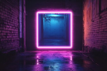 Aufkleber - Neon Light Portal in Dark Brick Tunnel Futuristic Gate Abstract Background Glowing Square Technology Concept Art : Generative AI