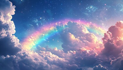 Poster - Vivid rainbow arching gracefully through dreamy clouds in a radiant starfilled sky scene : Generative AI
