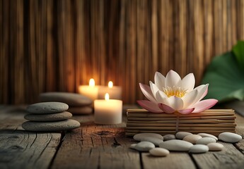 Aufkleber - Spa Still Life with Lotus Flower Candles and Stones Zen Atmosphere Relaxation Wellbeing Meditation Tranquility Balance : Generative AI